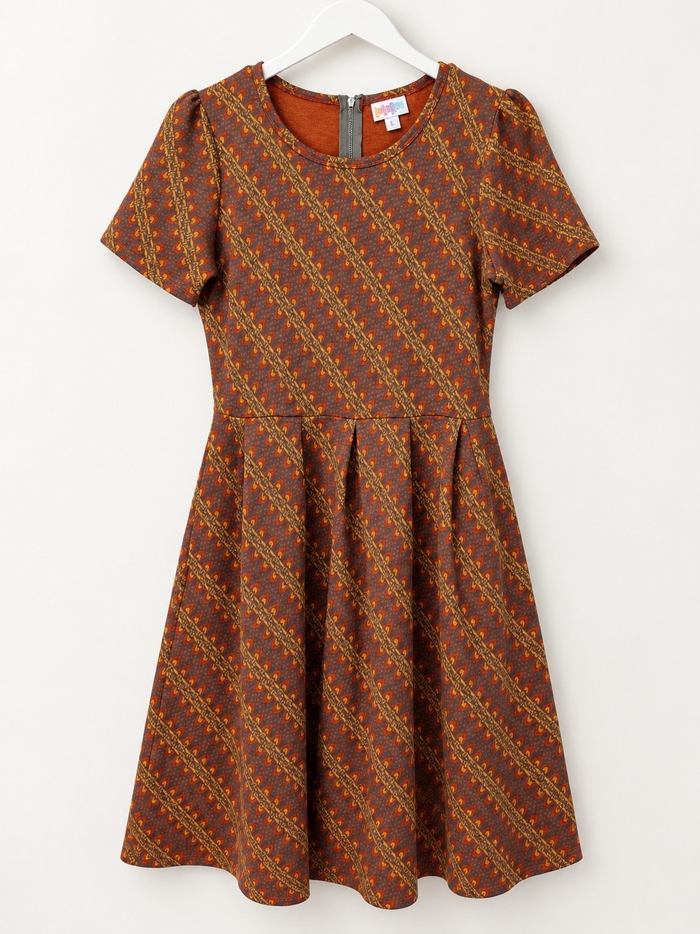 LuLaRoe Amelia Dress Size L Rust Orange Blue Geometric Fit & Flare Pleated